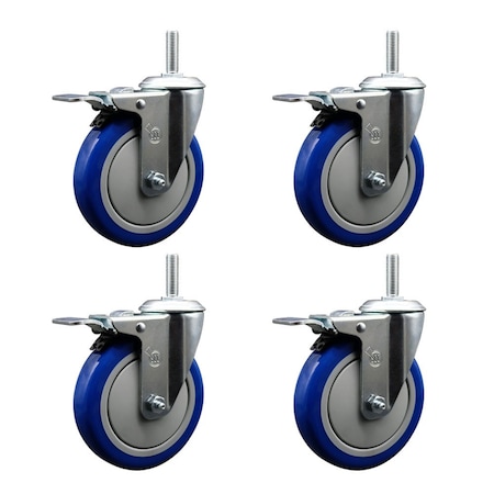Service Caster 5 Inch Blue Polyurethane Swivel 34 Inch Threaded Stem Caster Set with Total Lock Brake SCC-TSTTL20S514-PPUB-BLUE-34212-4
